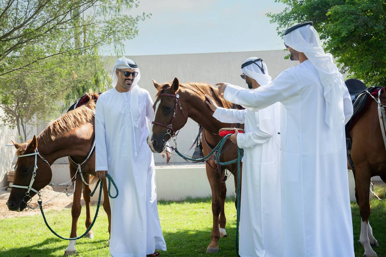Three men in white kandura and ghutra standing with saddled chestnut horses on a lawn