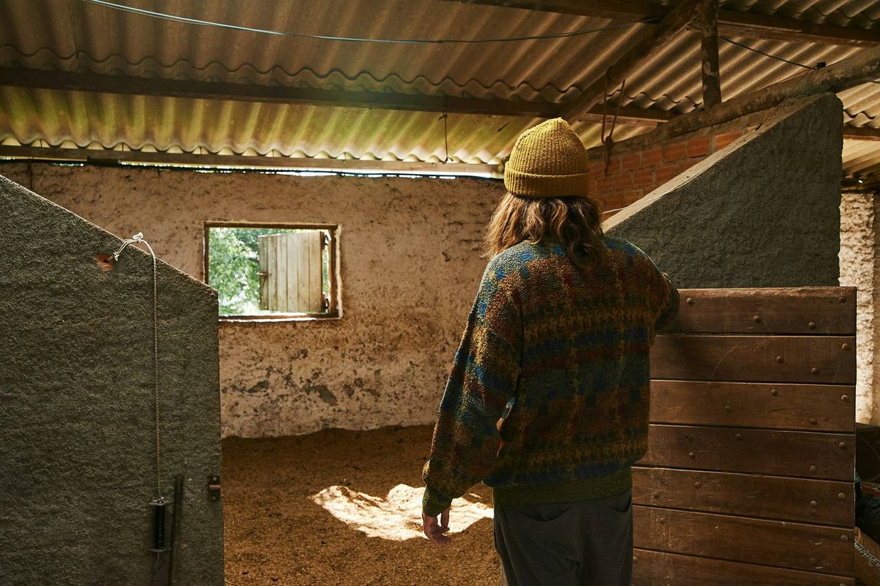A person in a knitted hat, seen from behind, at the door of a stable box inside a rustic stable block