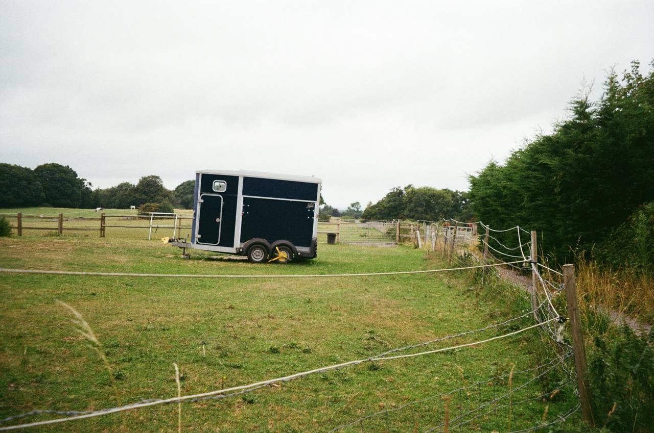 A navy and white two-horse trailer parked on grass in a paddock with rope fencing and trees