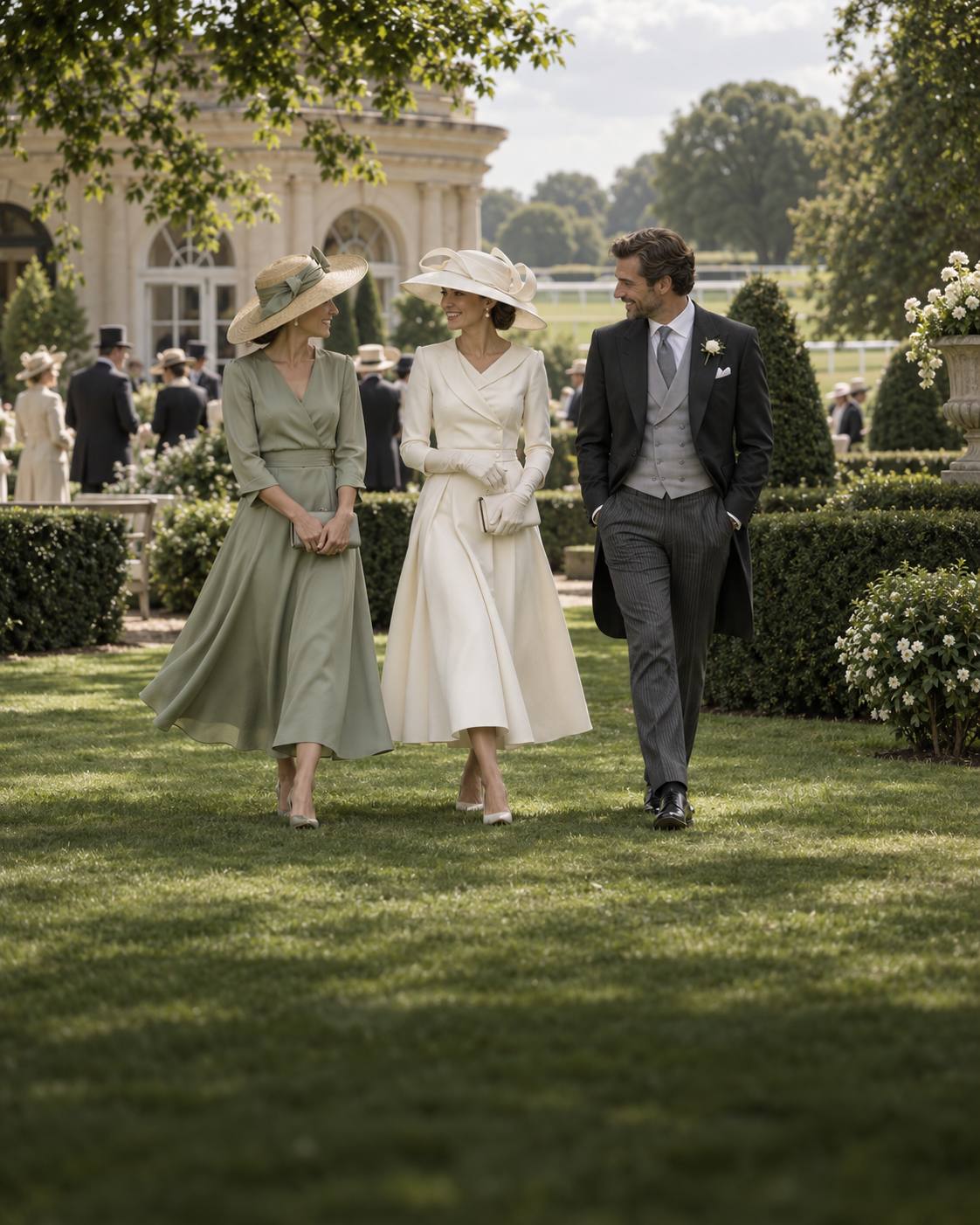Original AI-generated editorial illustration of three elegantly dressed race-day guests in ivory, sage and charcoal, with sculptural hats and full outfits in a quiet garden setting