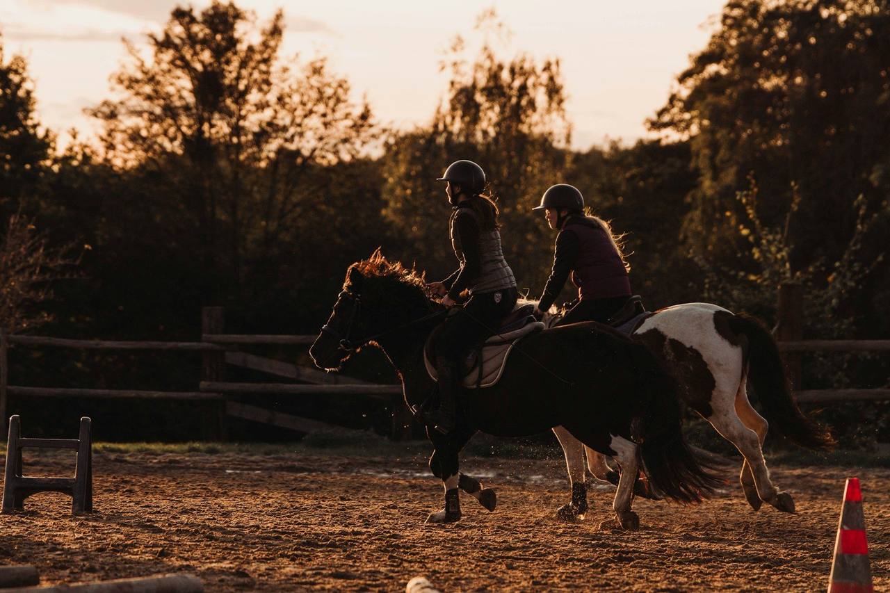 Two riders on a dark pony and a skewbald pony in an outdoor sand arena at sunset