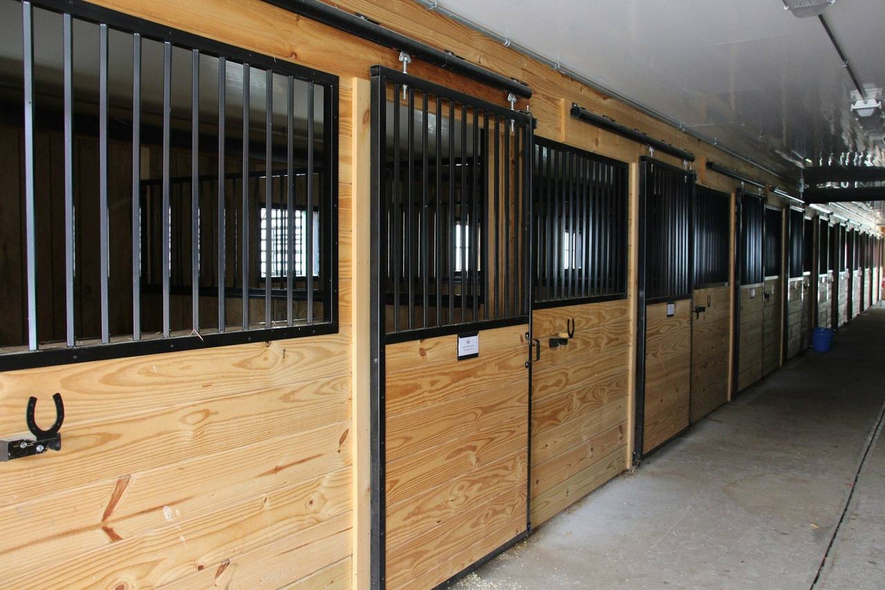 A row of pine stable boxes with black metal grilles along a clean indoor stable aisle
